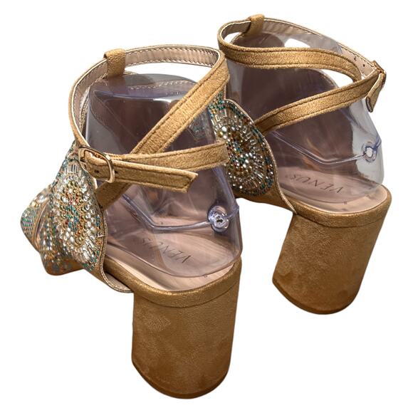 VENUS Womens 8 Tan Embellished Beaded Sandals Ankle Strap Block Heel - Picture 4 of 15